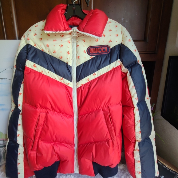 GUCCI Nylon Multicolor with Floral Stripe Puffer Jacket W/ Logo Patch - Picture 2 of 16